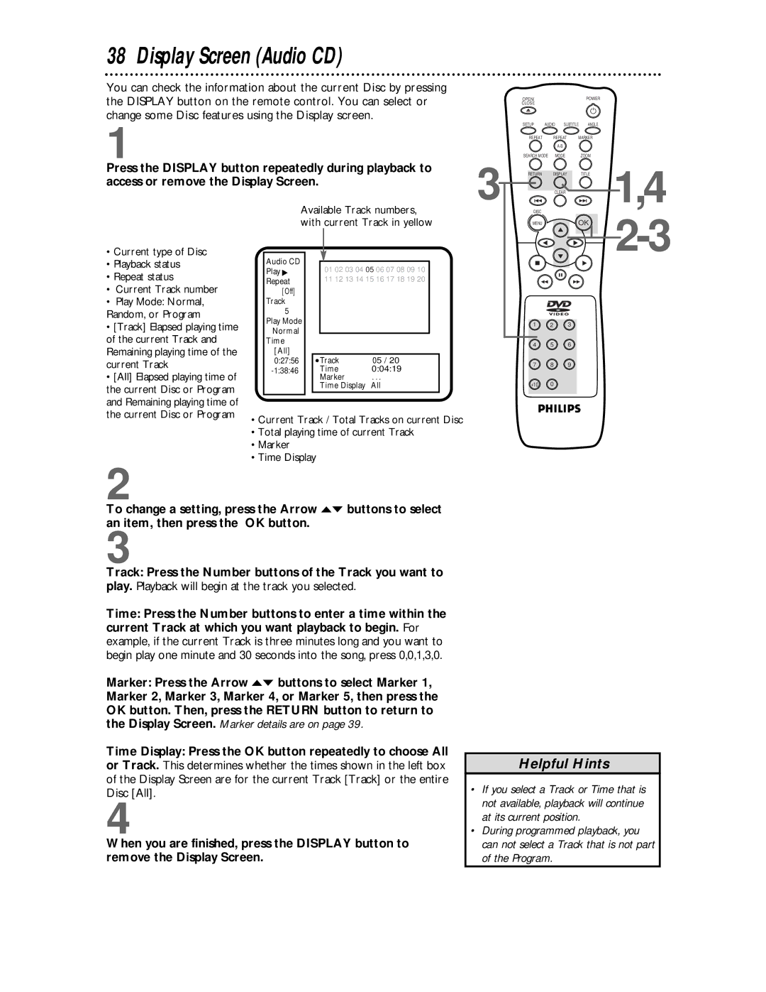 Philips DVD621 owner manual Display Screen Audio CD, Available Track numbers, with current Track in yellow 