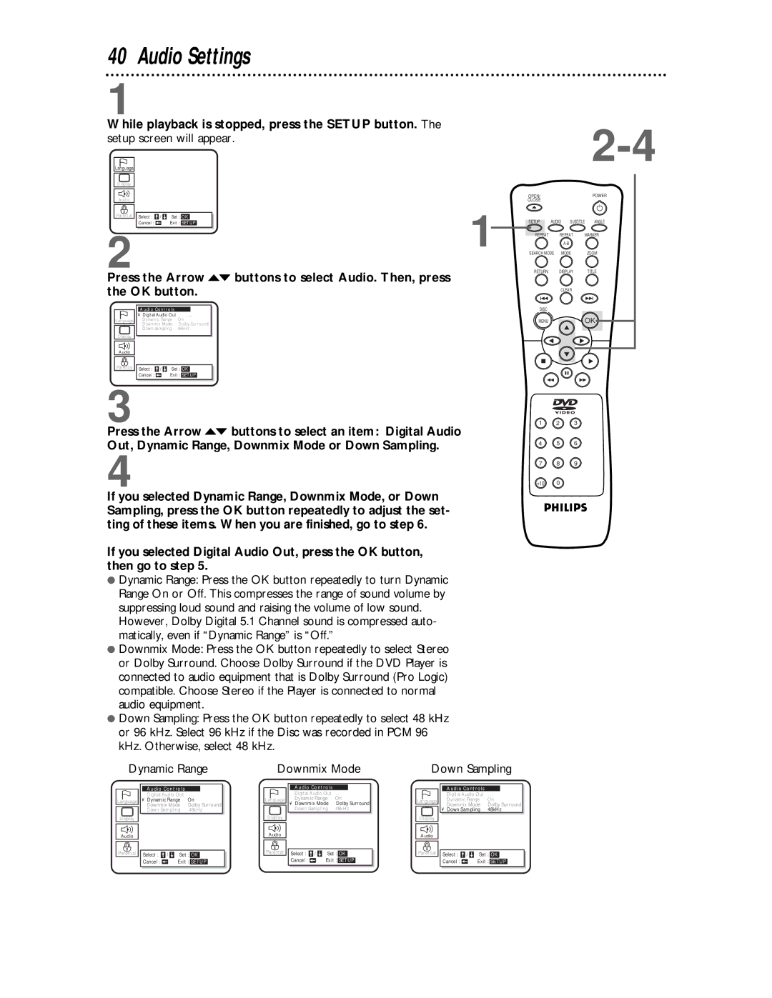 Philips DVD621 Audio Settings, While playback is stopped, press the Setup button, Setup screen will appear, Downmix Mode 