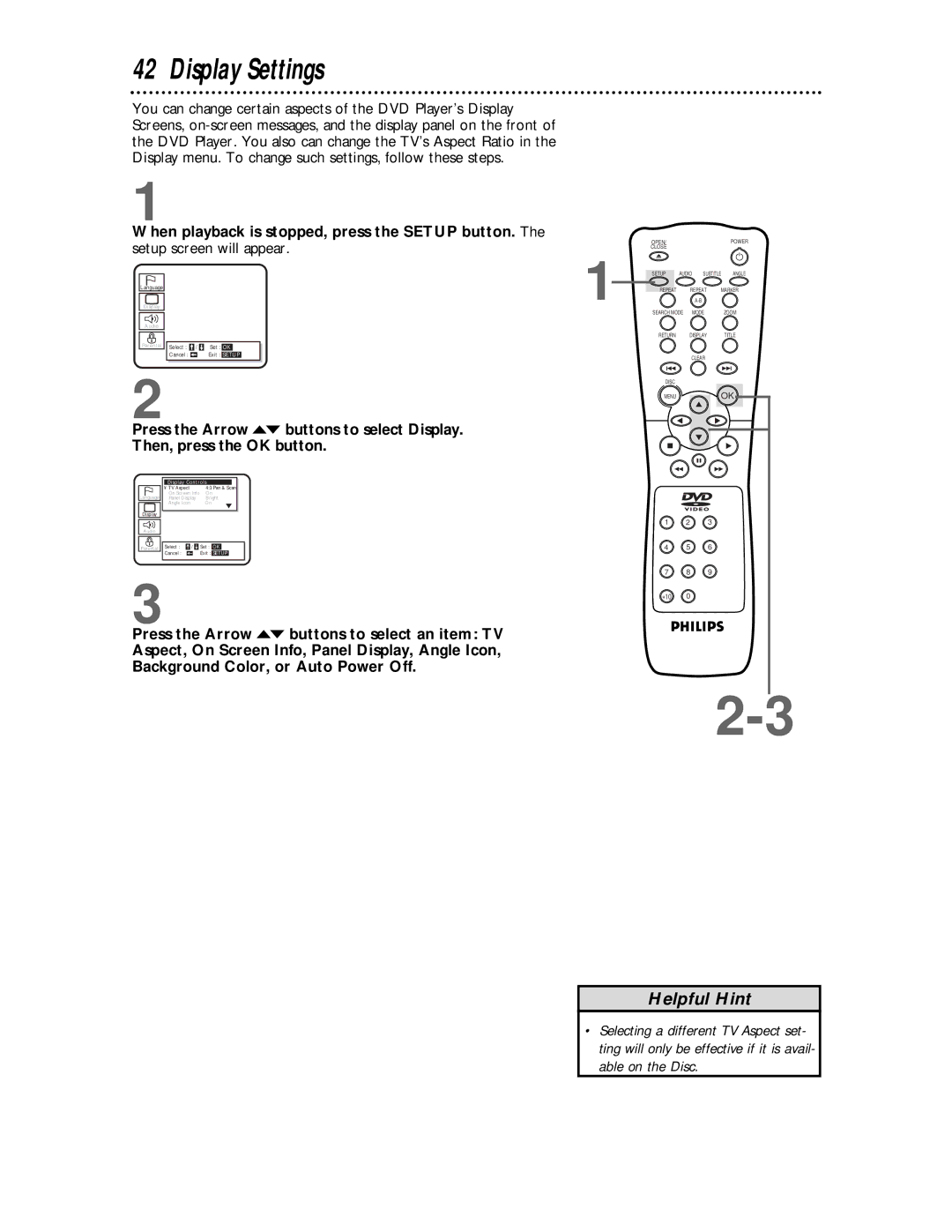 Philips DVD621 owner manual Display Settings, Display Controls 