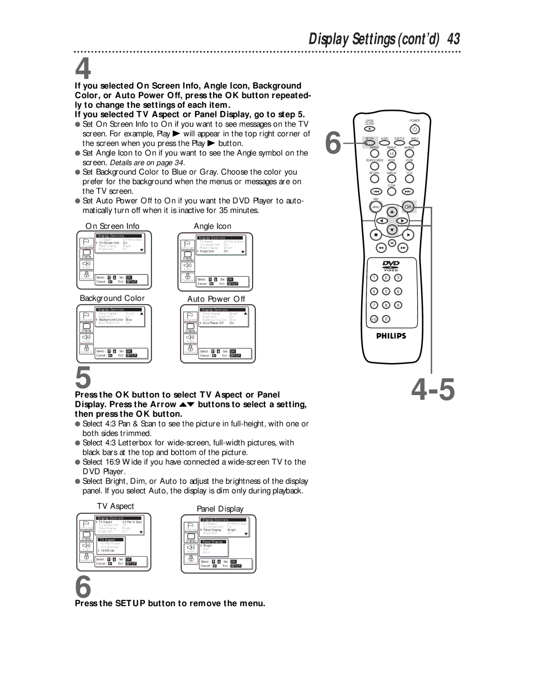 Philips DVD621 owner manual Display Settings cont’d 