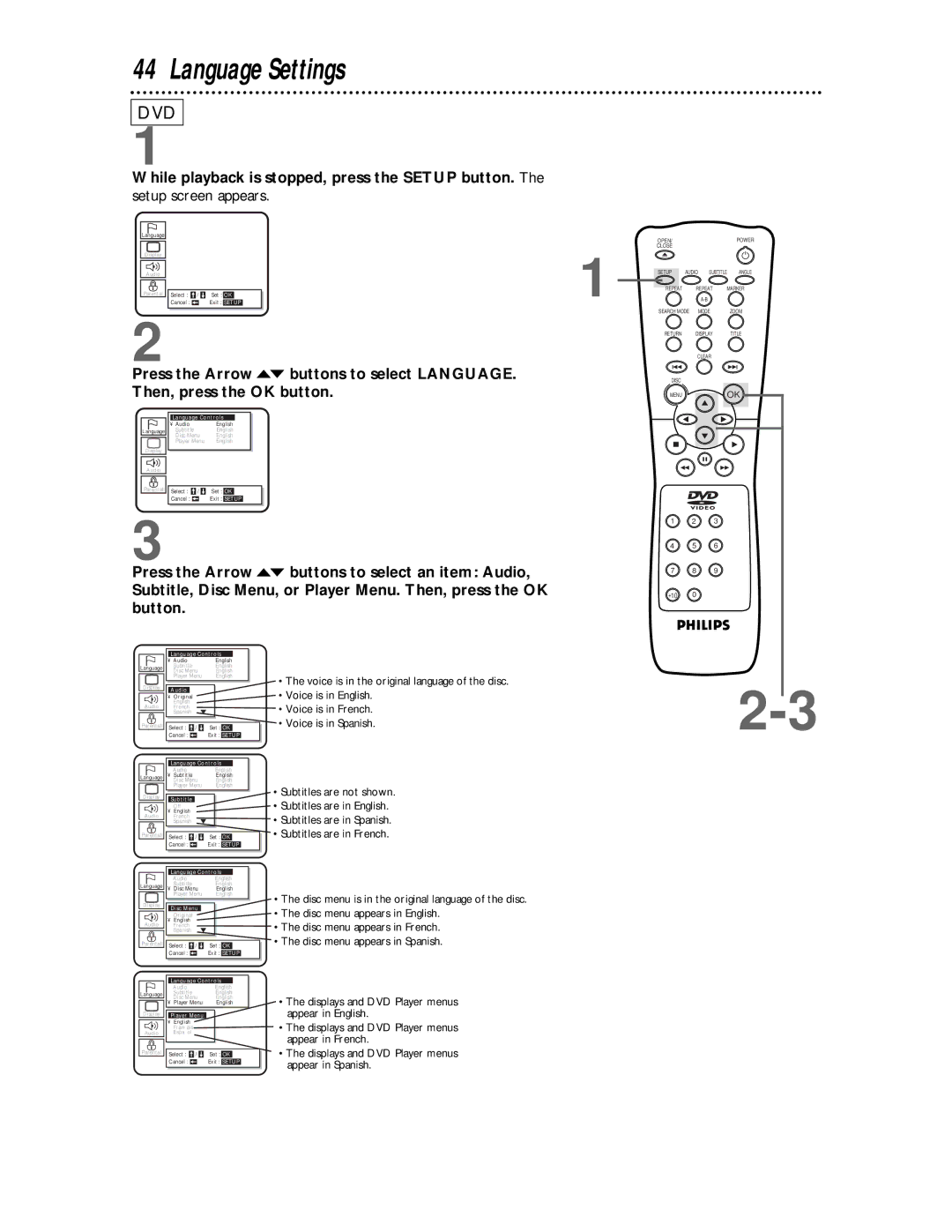 Philips DVD621 owner manual Language Settings, Setup screen appears 