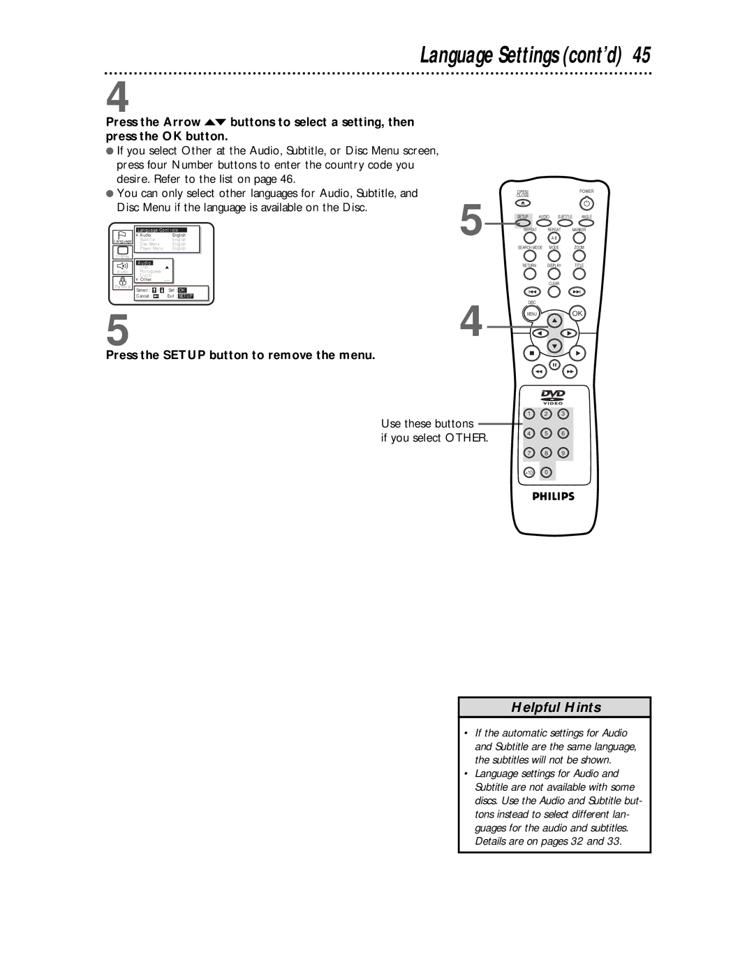 Philips DVD621 owner manual Language Settings cont’d, Use these buttons If you select Other 