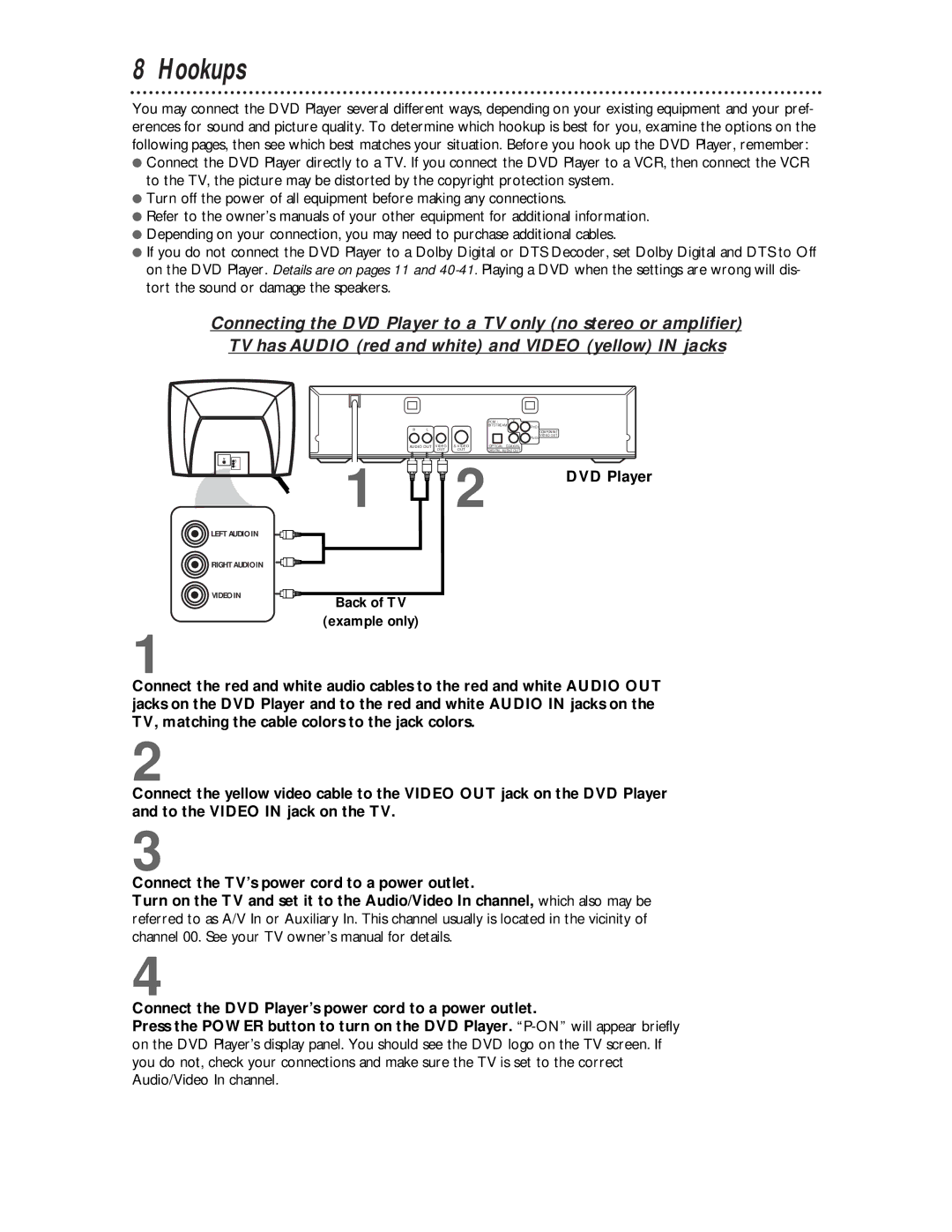 Philips DVD621 owner manual Hookups, Left Audio Right Audio Video 