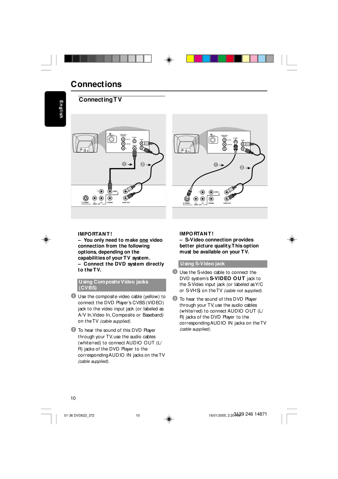 Philips DVD622 user manual Connections, Using Composite Video jacks Cvbs, Using S-Video jack 