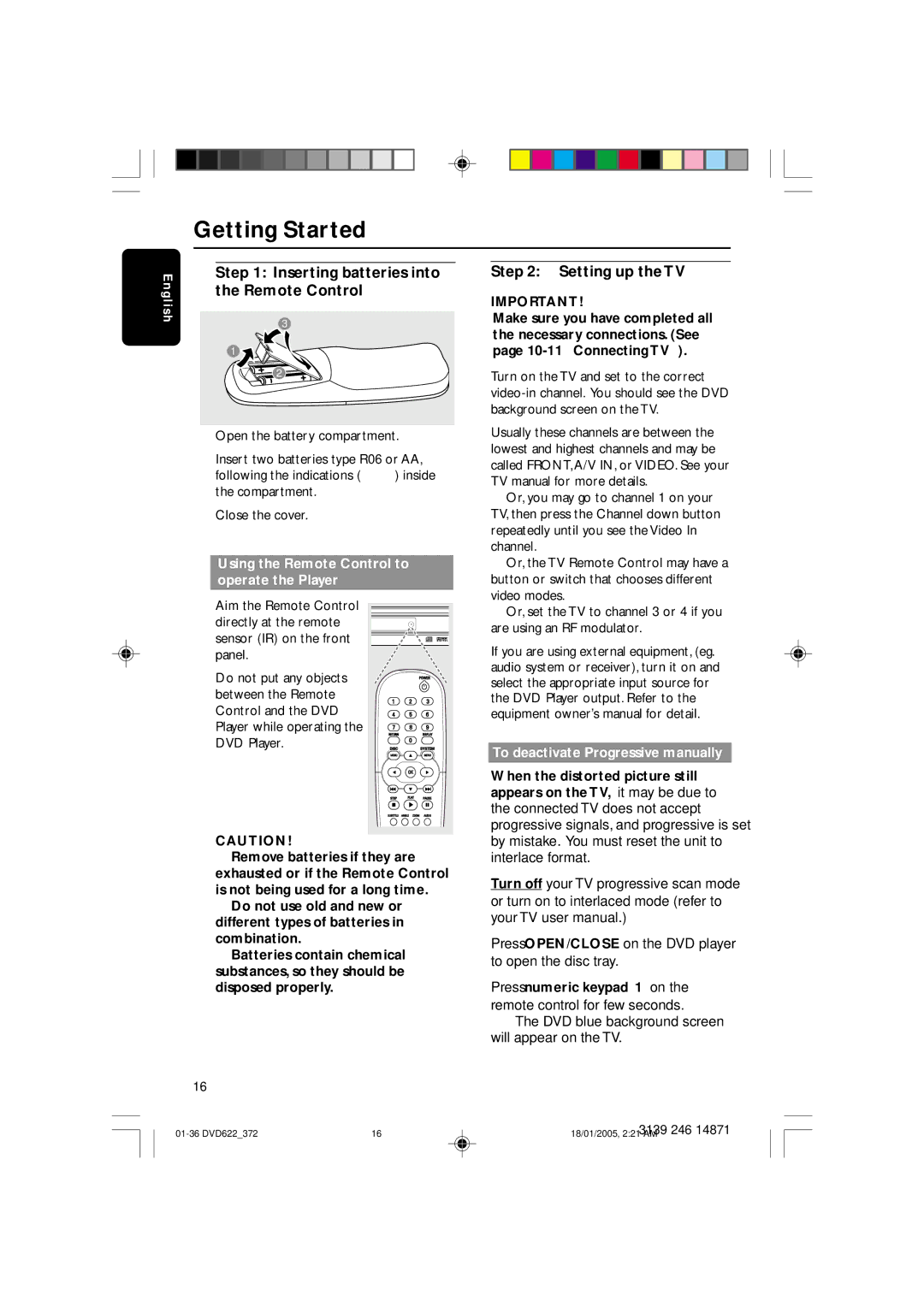 Philips DVD622 user manual Getting Started, Inserting batteries into the Remote Control, Setting up the TV 