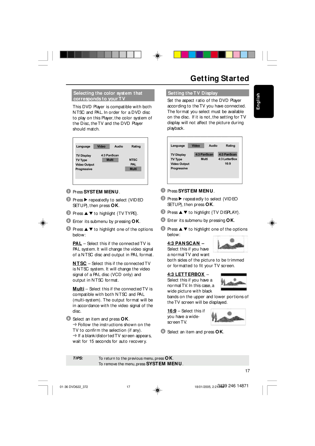 Philips DVD622 Selecting the color system that corresponds to your TV, Setting the TV Display, Press System Menu 