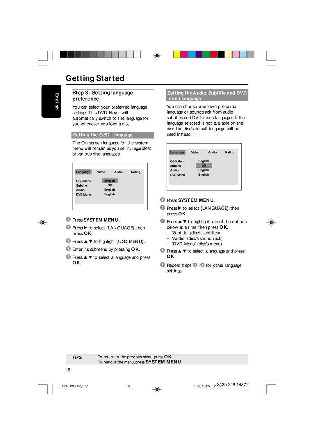 Philips DVD622 Setting language preference, Setting the OSD Language, Setting the Audio, Subtitle and DVD menu language 