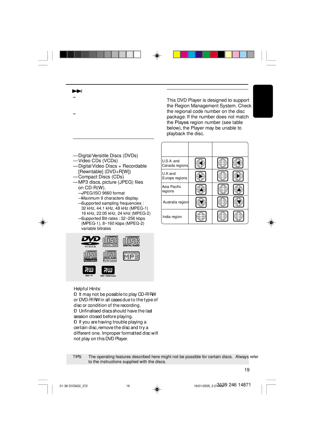 Philips DVD622 user manual Disc Operations, Playable Discs, Region Codes, Your DVD Player will play 