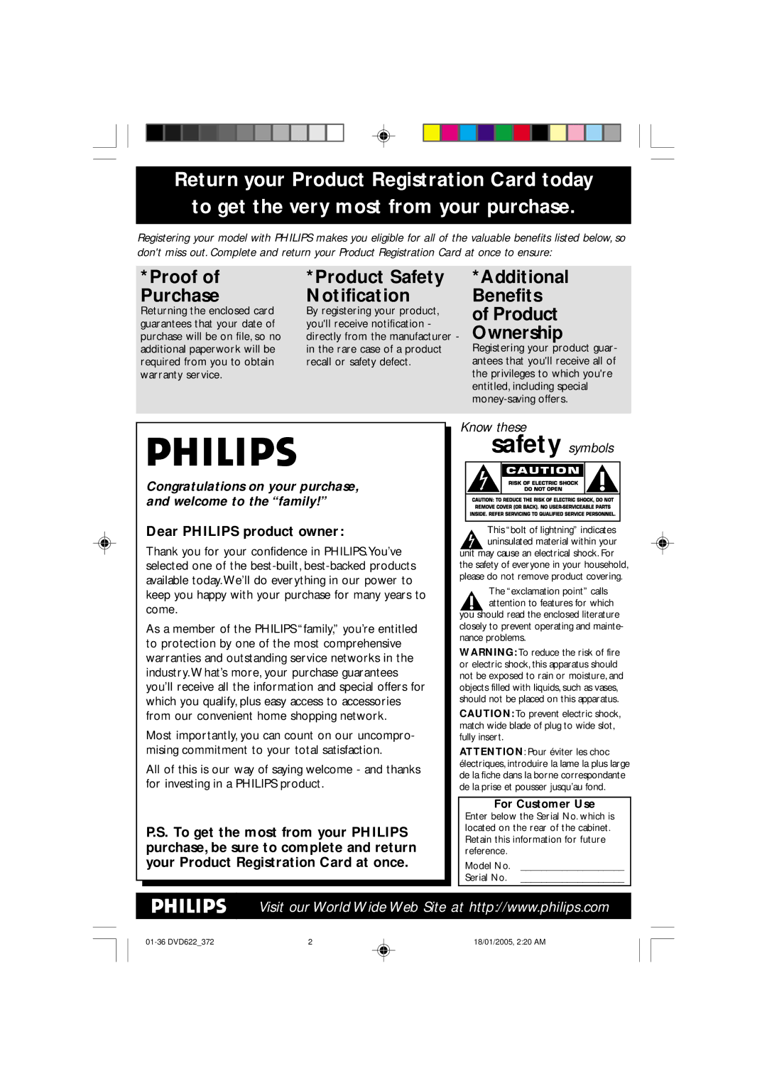 Philips DVD622 user manual Ownership, For Customer Use 