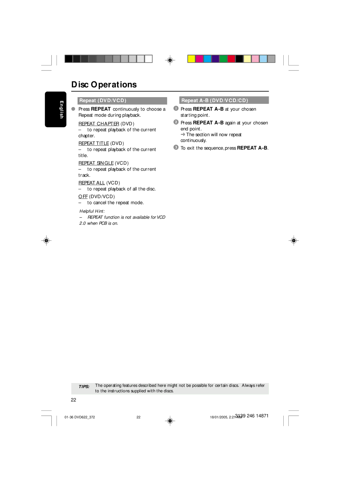 Philips DVD622 user manual Repeat DVD/VCD Repeat A-B DVD/VCD/CD, When PCB is on 