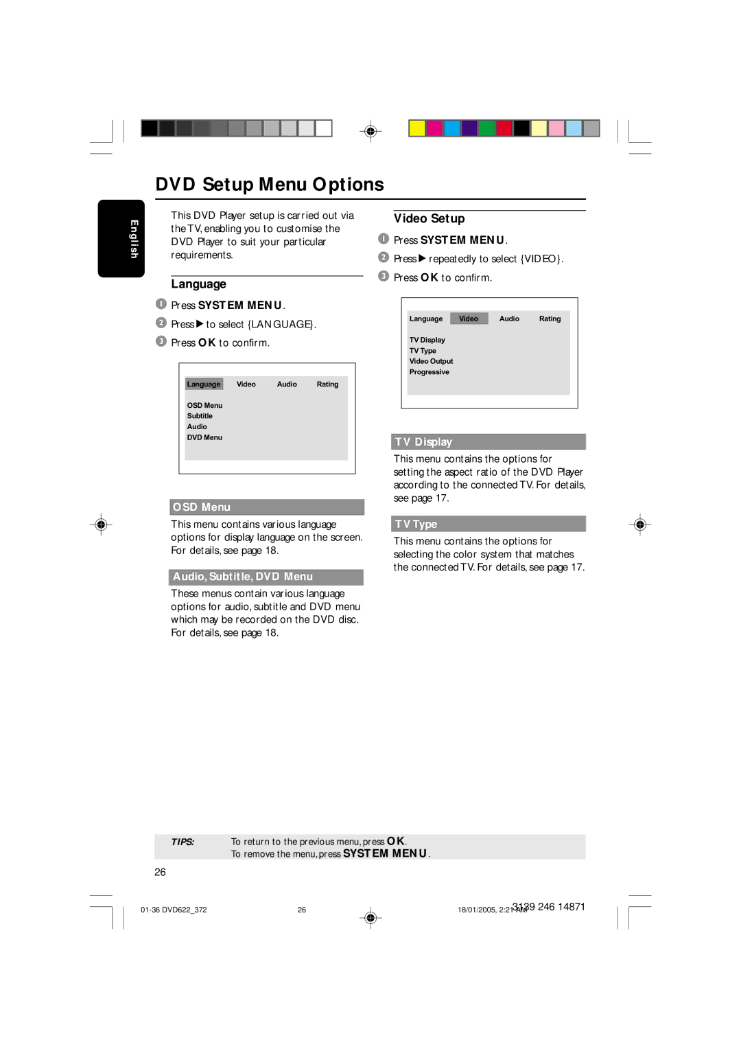 Philips DVD622 user manual DVD Setup Menu Options, Language, Video Setup 