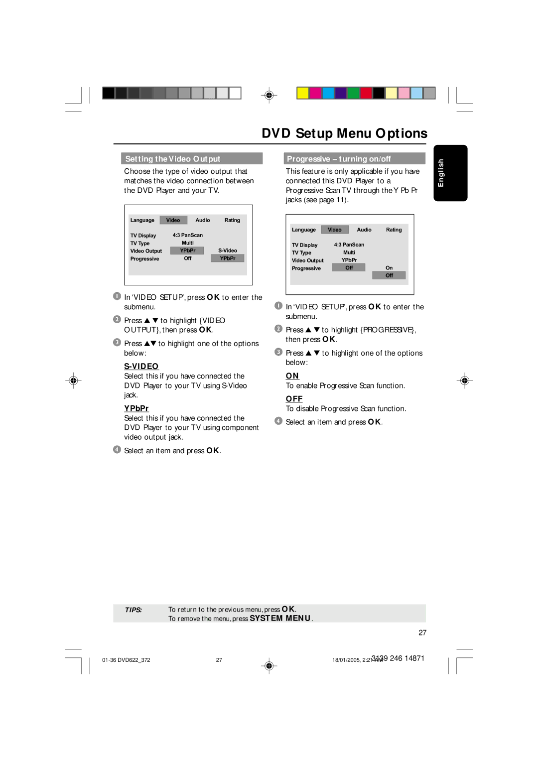 Philips DVD622 user manual Setting the Video Output Progressive turning on/off, YPbPr, Off 