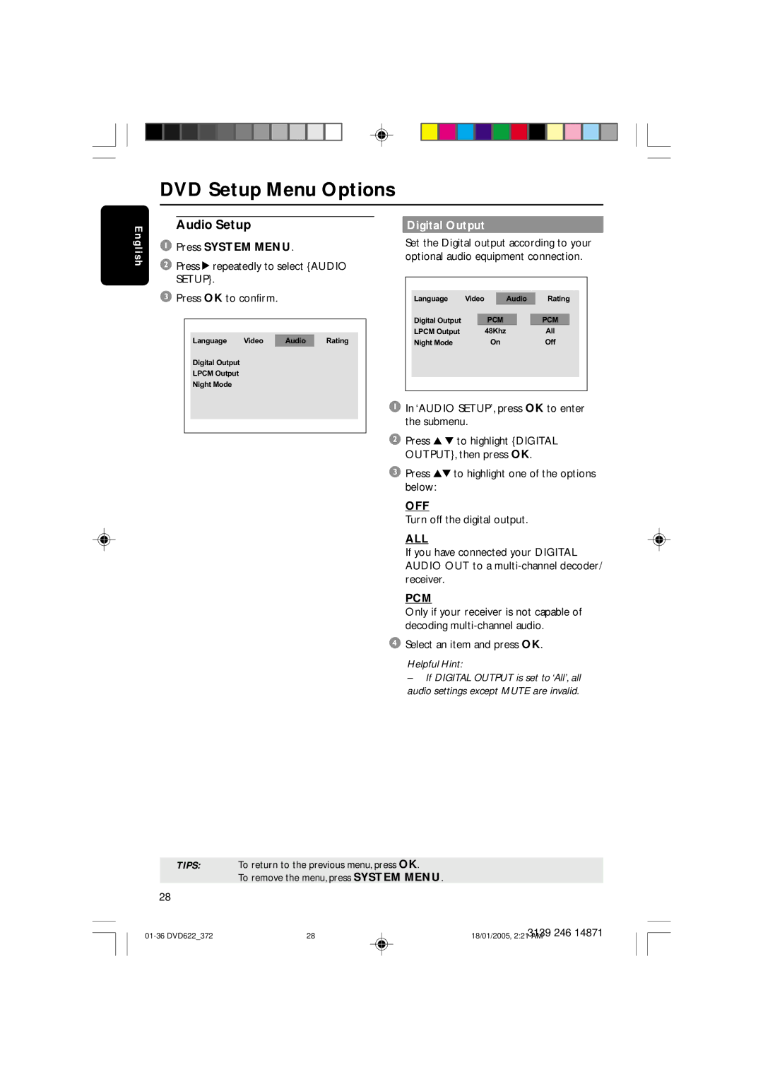 Philips DVD622 user manual Audio Setup, Digital Output, All, Pcm 