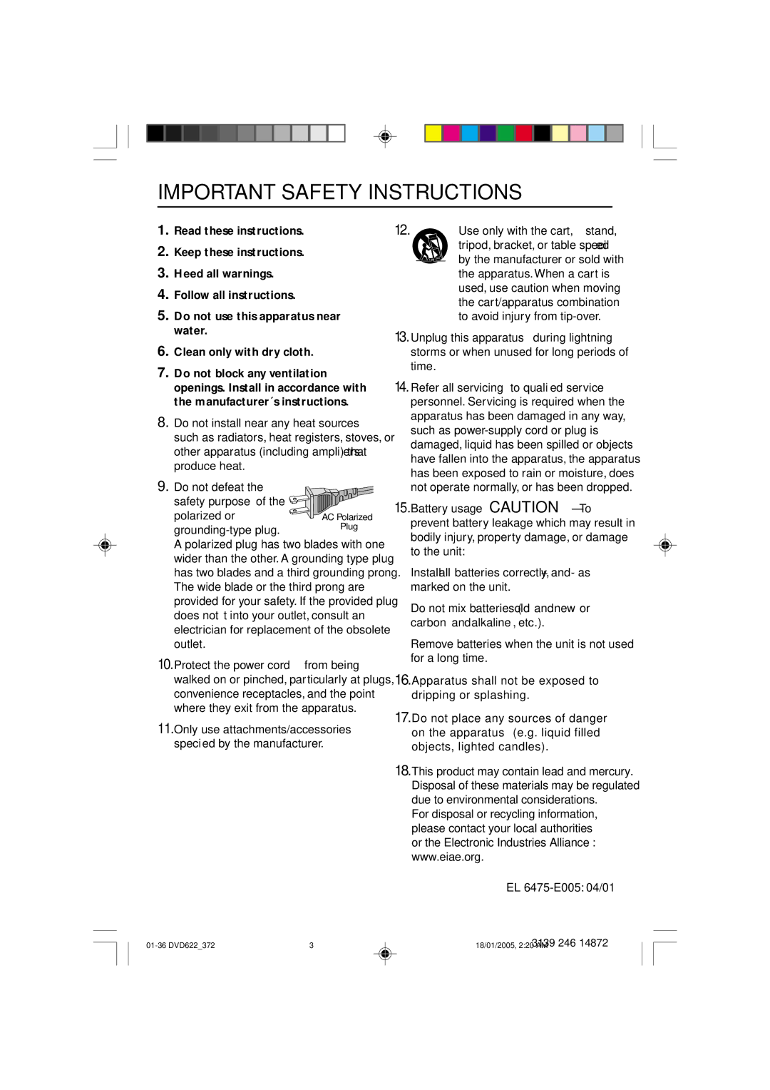 Philips DVD622 user manual Only use attachments/accessories, Use only with the cart, stand, EL 6475-E005 04/01 