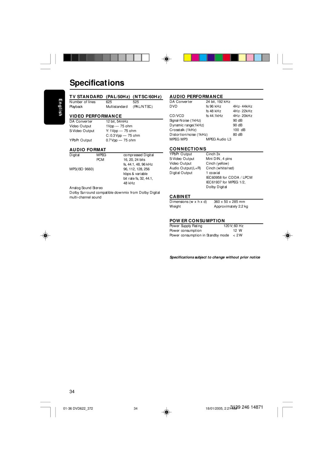 Philips DVD622 user manual Specifications, Audio Format 