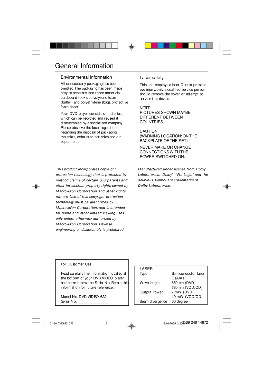 Philips DVD622 user manual General Information, Environmental Information, Laser safety 