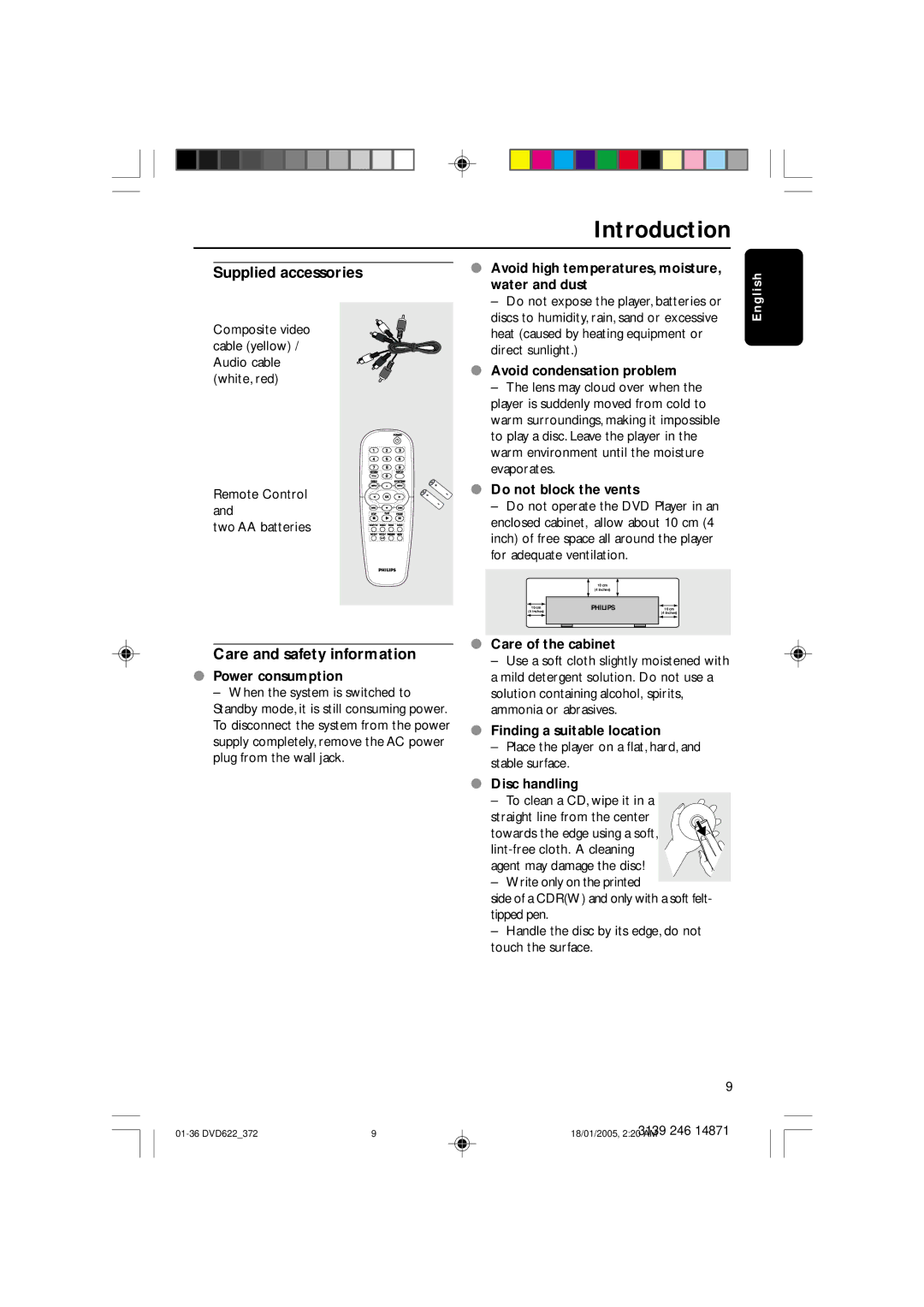 Philips DVD622 user manual Introduction, Supplied accessories, Care and safety information 