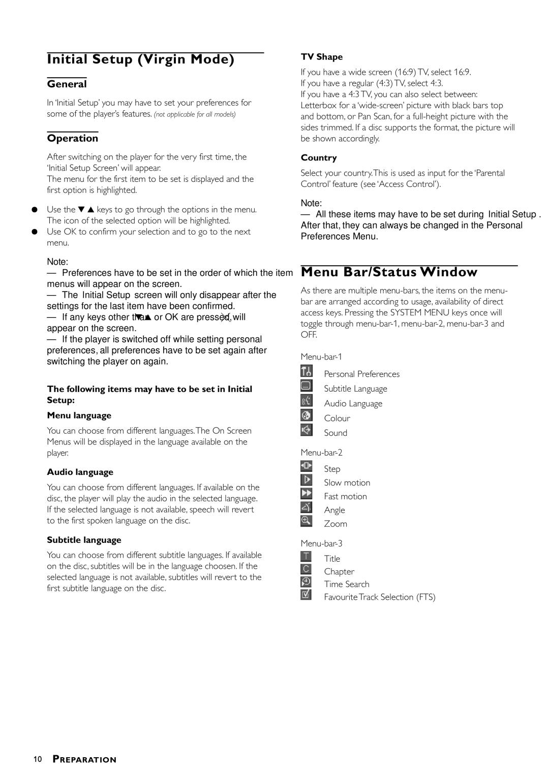 Philips DVD622/051 manual Initial Setup Virgin Mode, Menu Bar/Status Window, General, Operation 