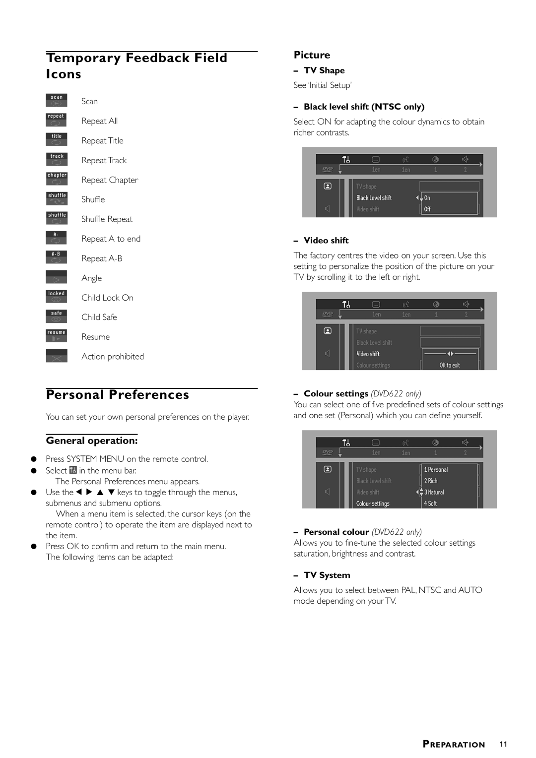 Philips DVD622/051 manual Temporary Feedback Field Icons, Personal Preferences, General operation 