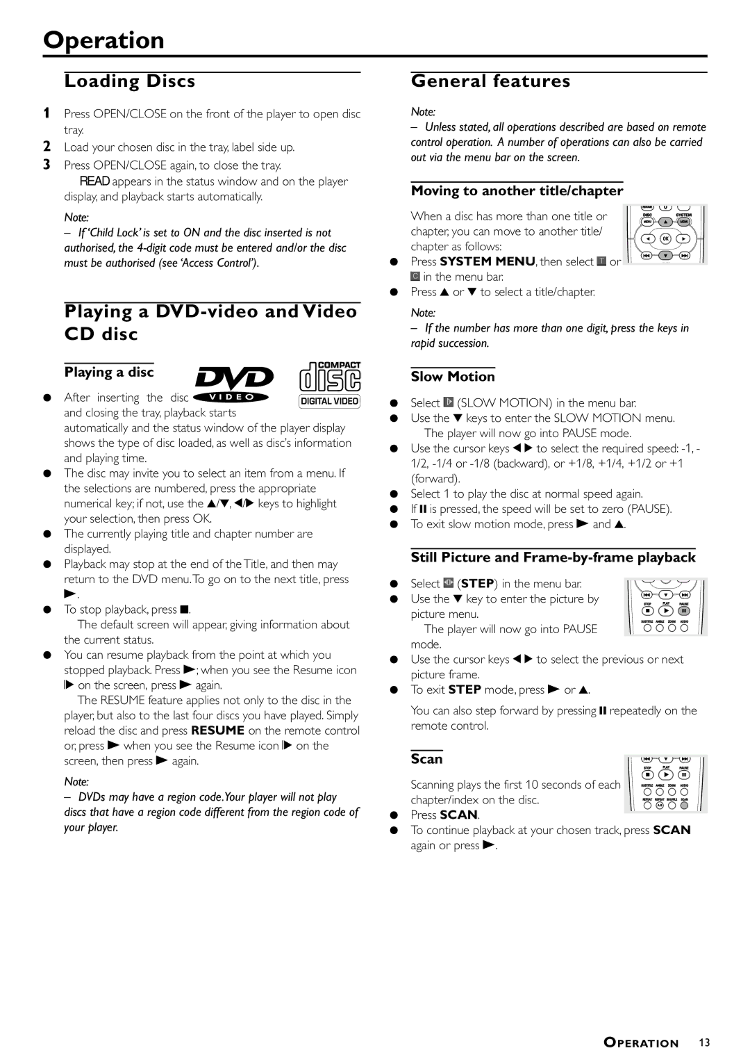 Philips DVD622/051 manual Operation, Loading Discs, Playing a DVD-video and Video CD disc, General features 