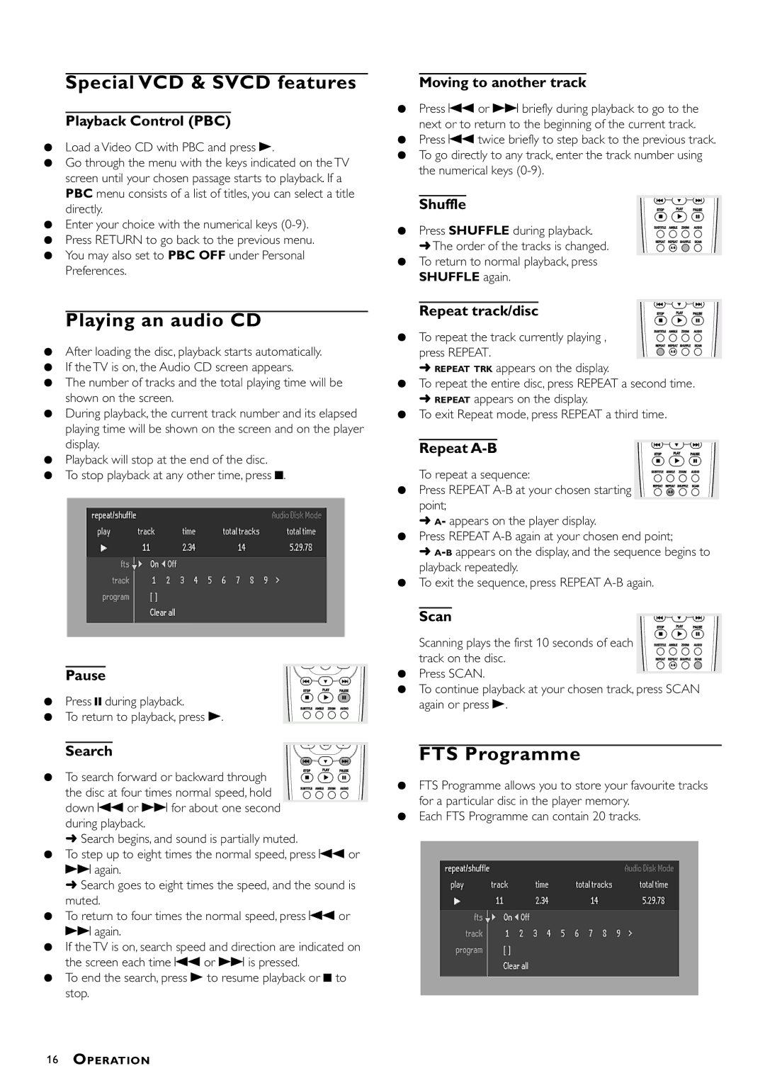 Philips DVD622/051 manual Special VCD & Svcd features, Playing an audio CD, FTS Programme 