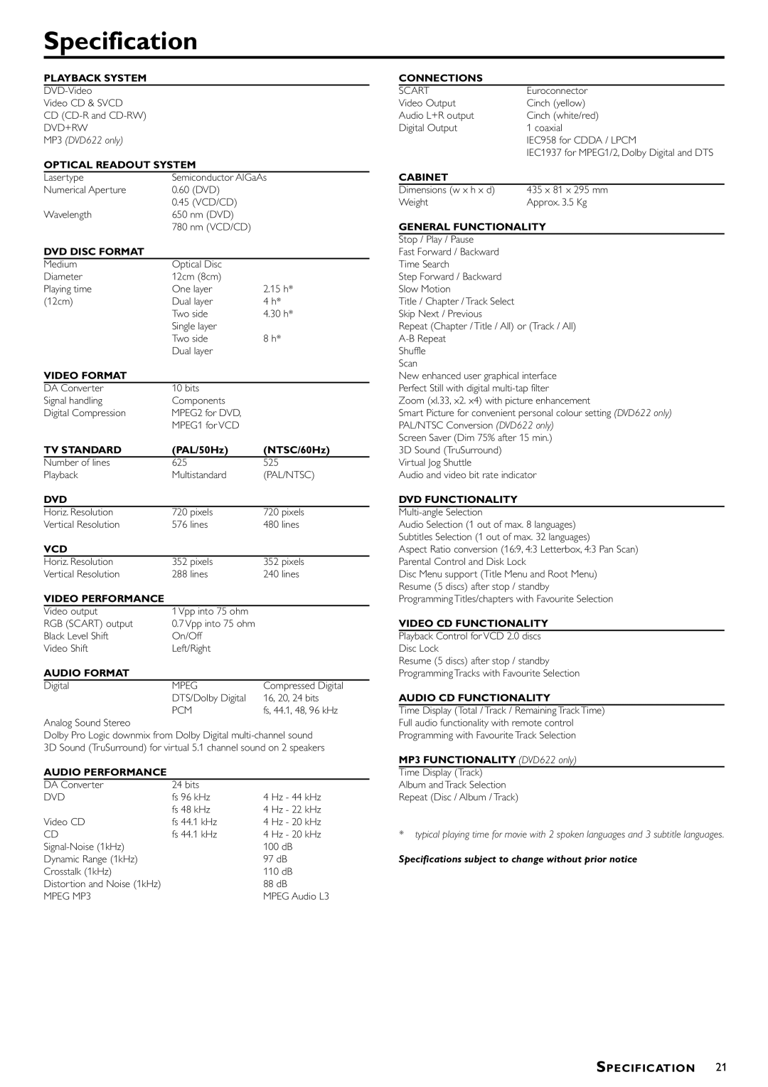 Philips DVD622/051 manual Specification, Optical Readout System 