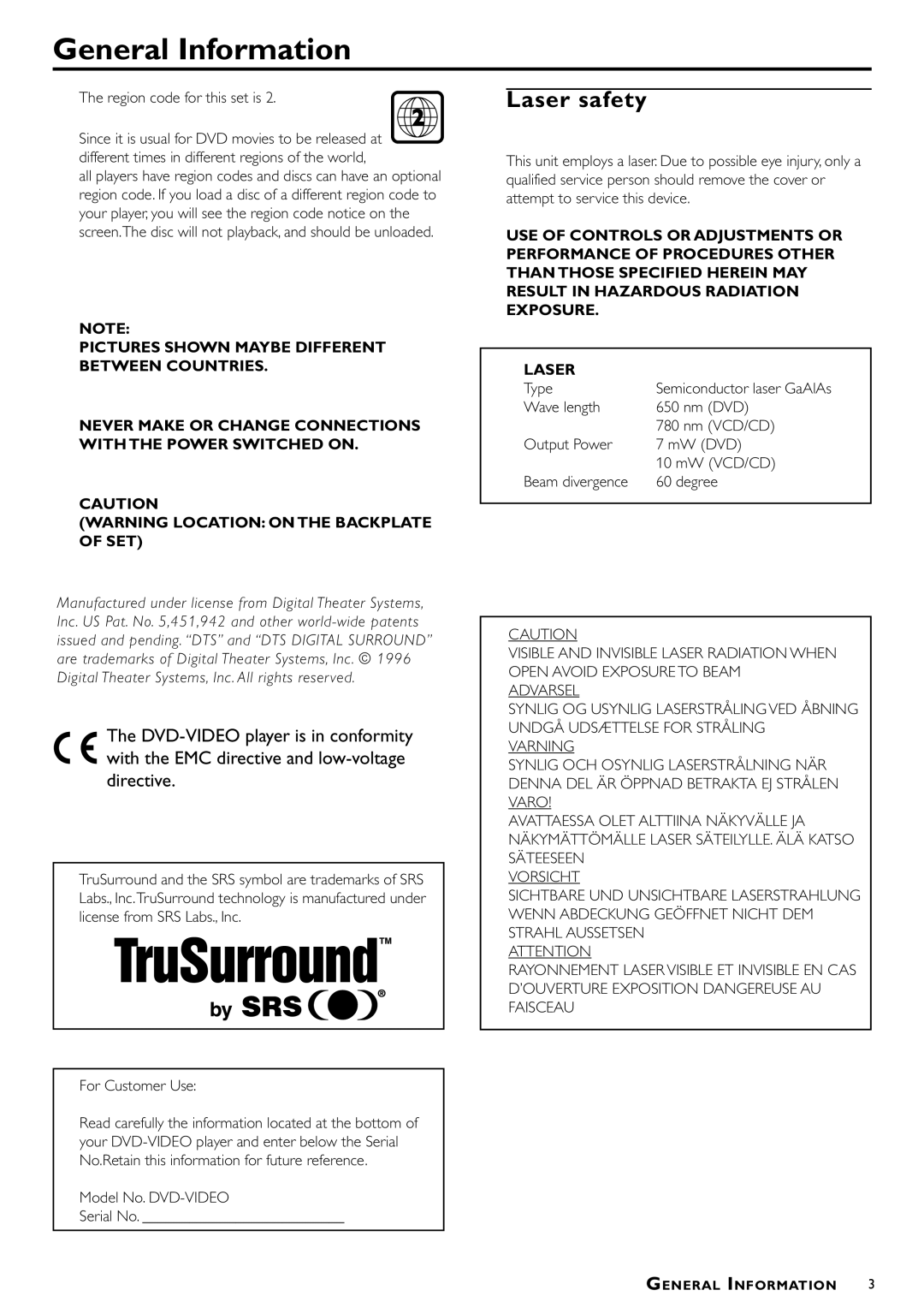 Philips DVD622/051 manual General Information, Laser safety, Region code for this set is, Model No. DVD-VIDEO Serial No 