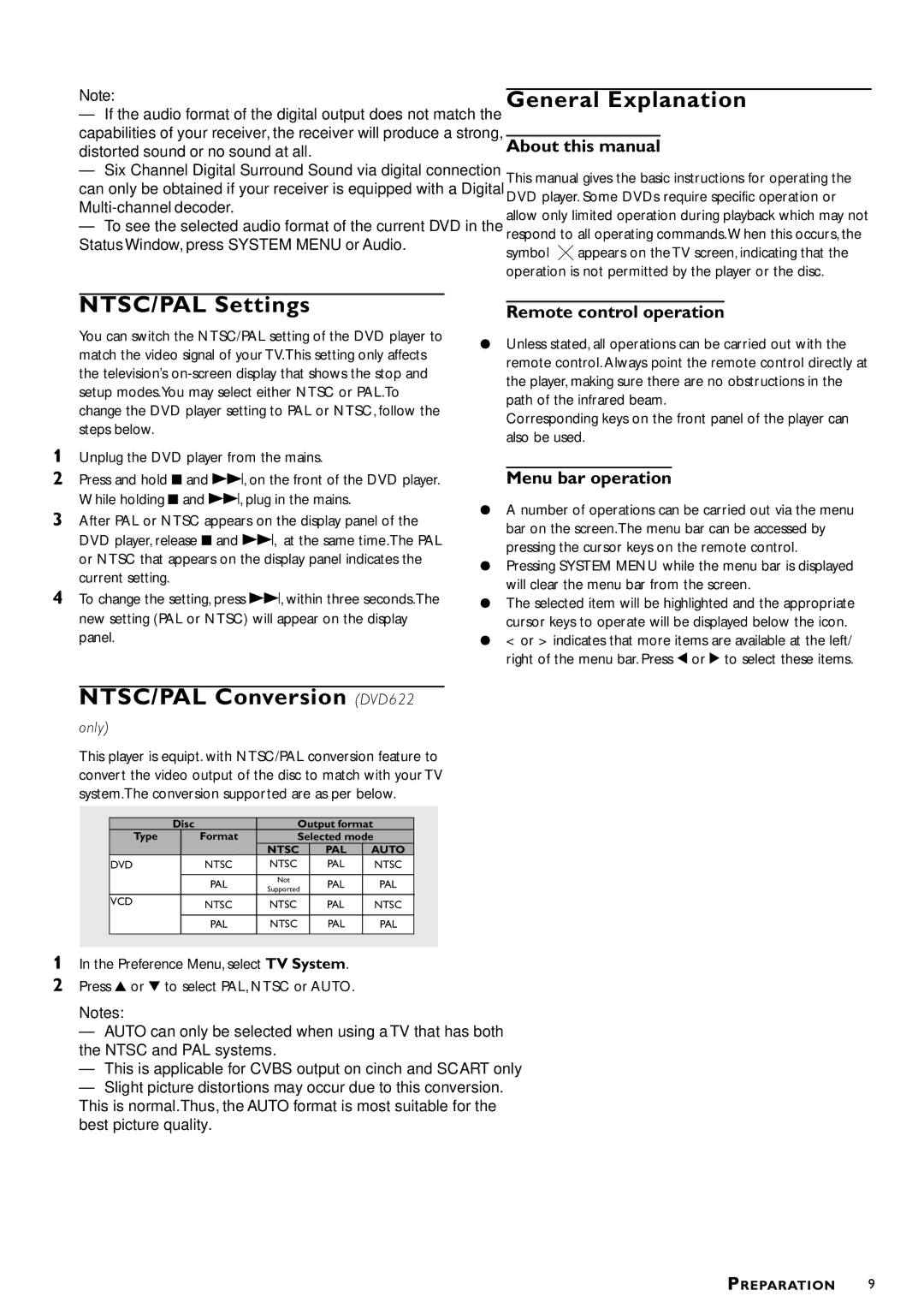 Philips DVD622/051 manual NTSC/PAL Settings, NTSC/PAL Conversion DVD622, General Explanation 