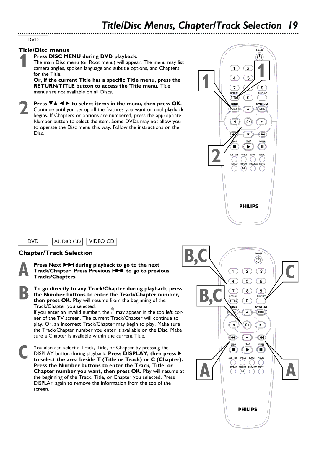 Philips DVD624, DVD623 owner manual Title/Disc menus, Chapter/Track Selection, Press Disc Menu during DVD playback 