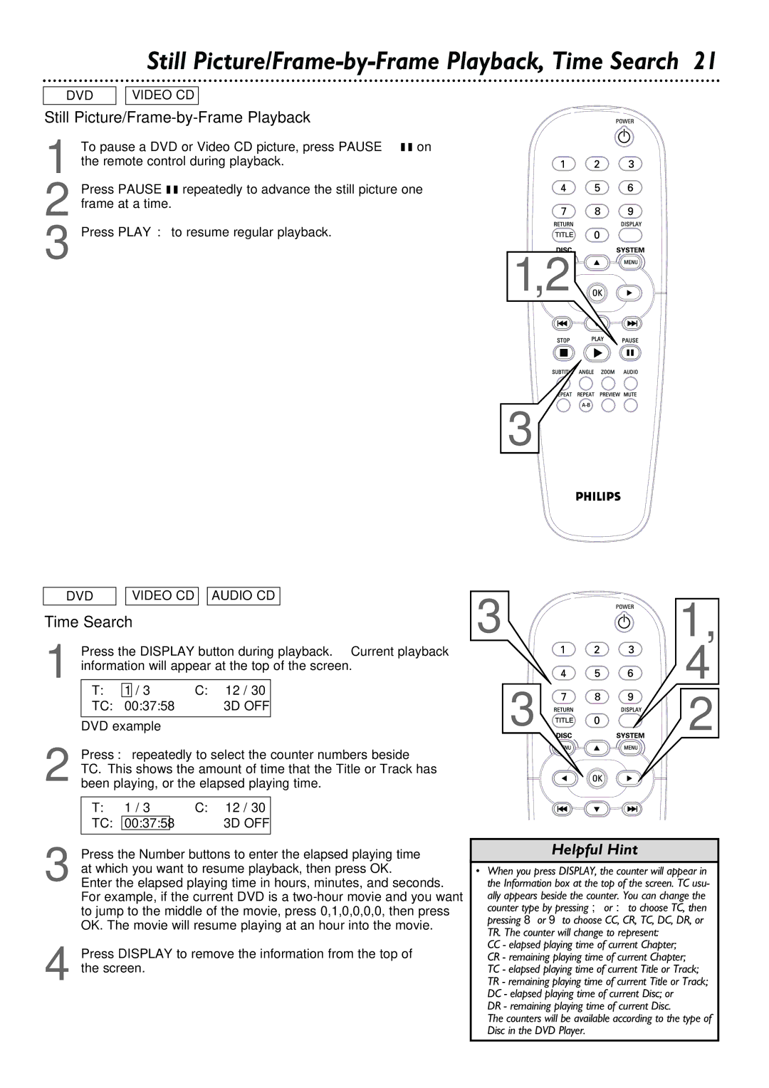 Philips DVD624, DVD623 owner manual Still Picture/Frame-by-Frame Playback, Time Search 