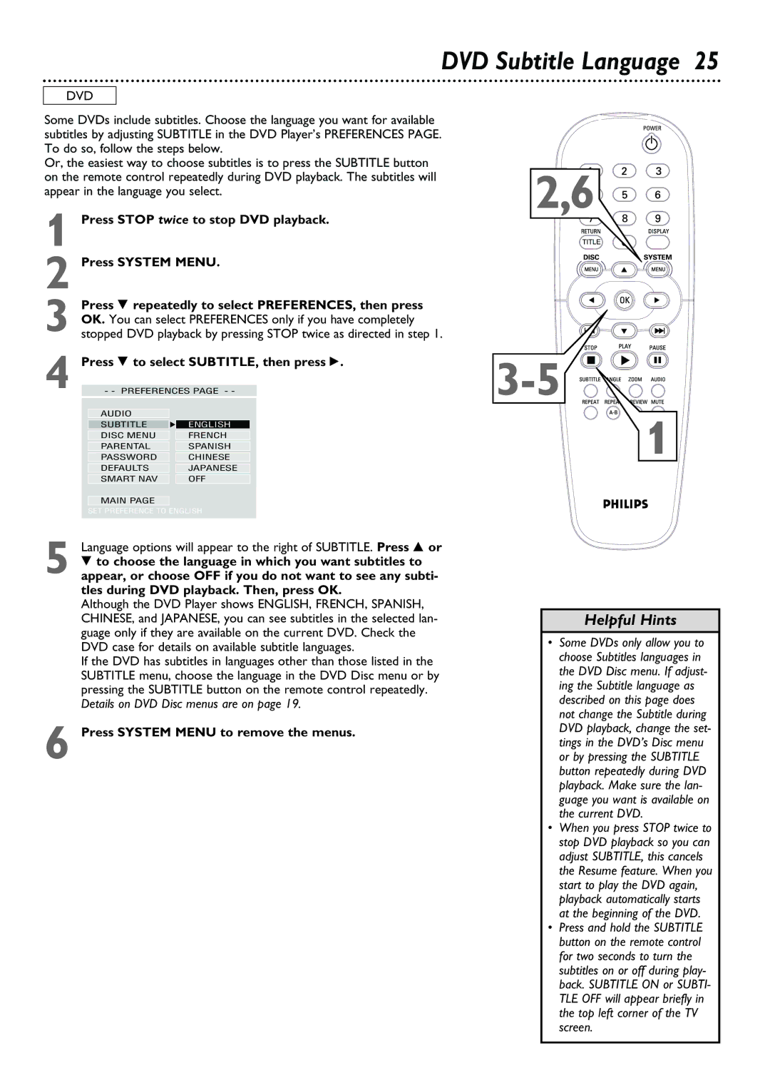 Philips DVD624, DVD623 owner manual DVD Subtitle Language, Press 9 to select SUBTITLE, then press 