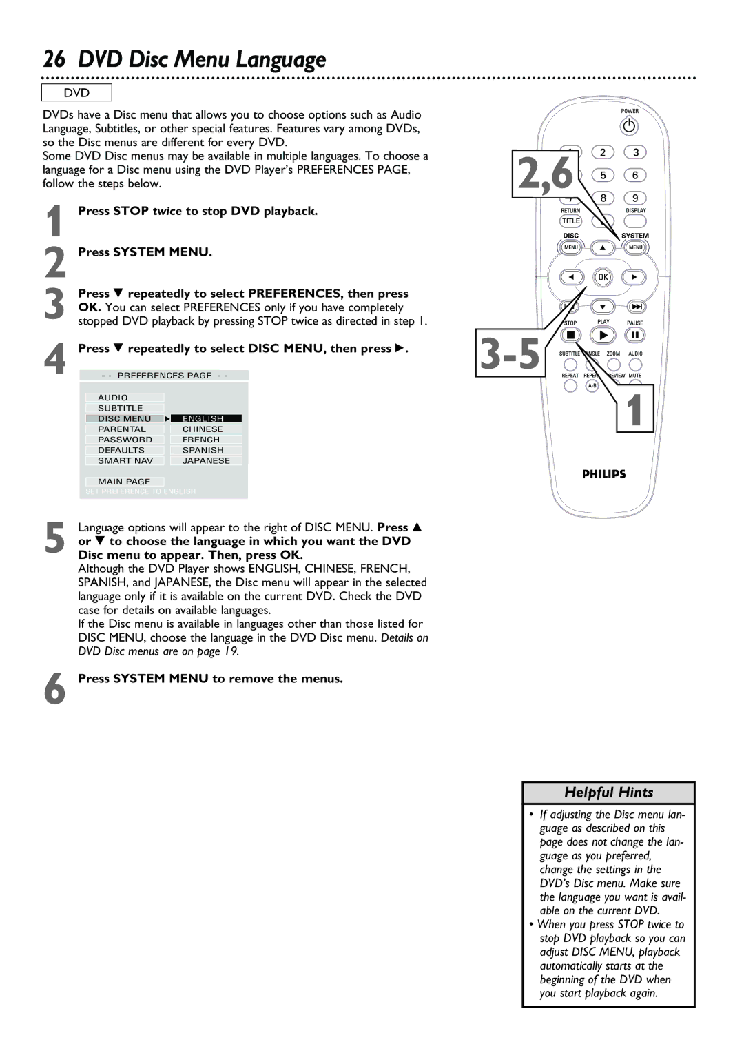 Philips DVD623, DVD624 owner manual DVD Disc Menu Language, Disc menu to appear. Then, press OK 