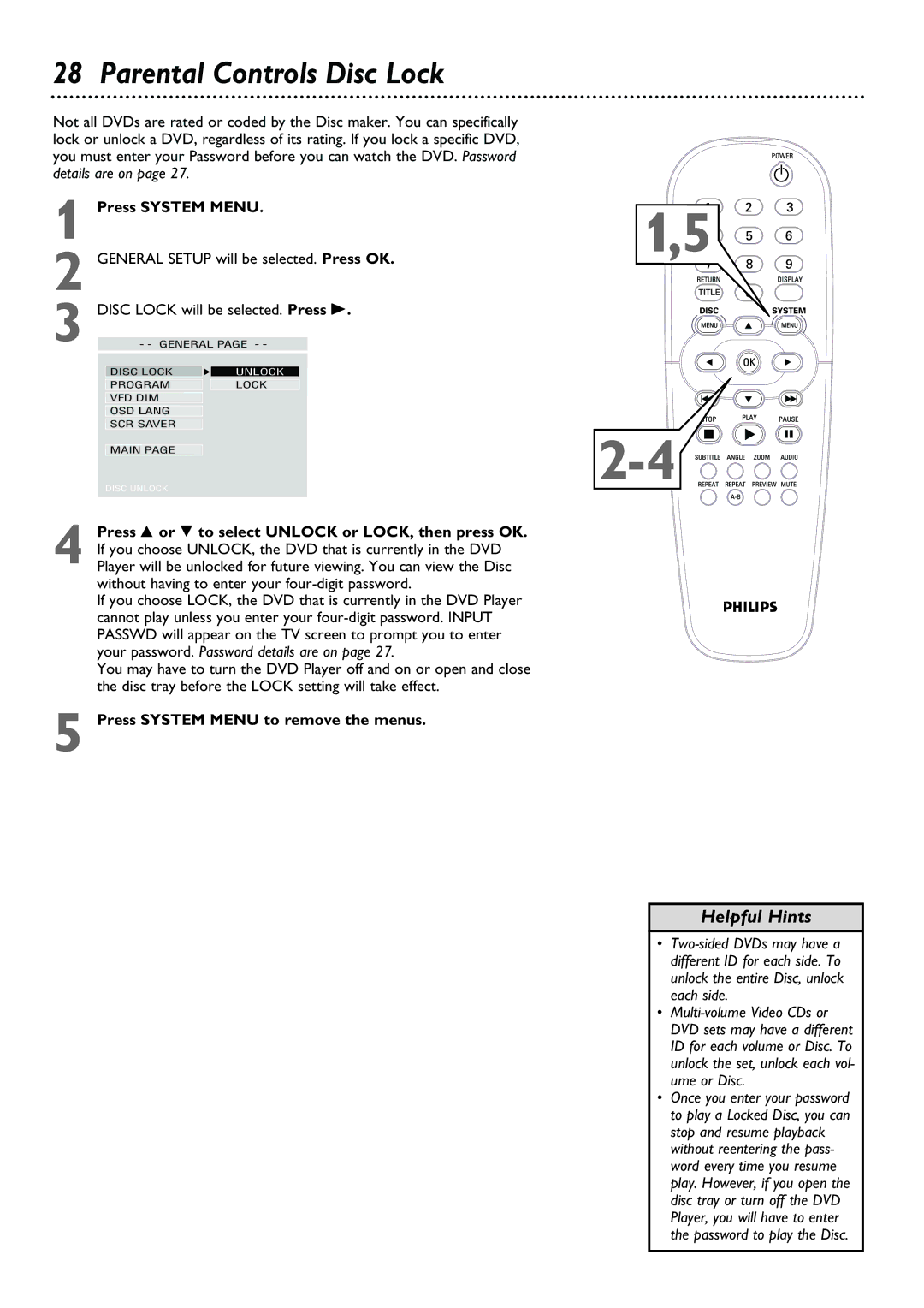 Philips DVD623, DVD624 owner manual Parental Controls Disc Lock 