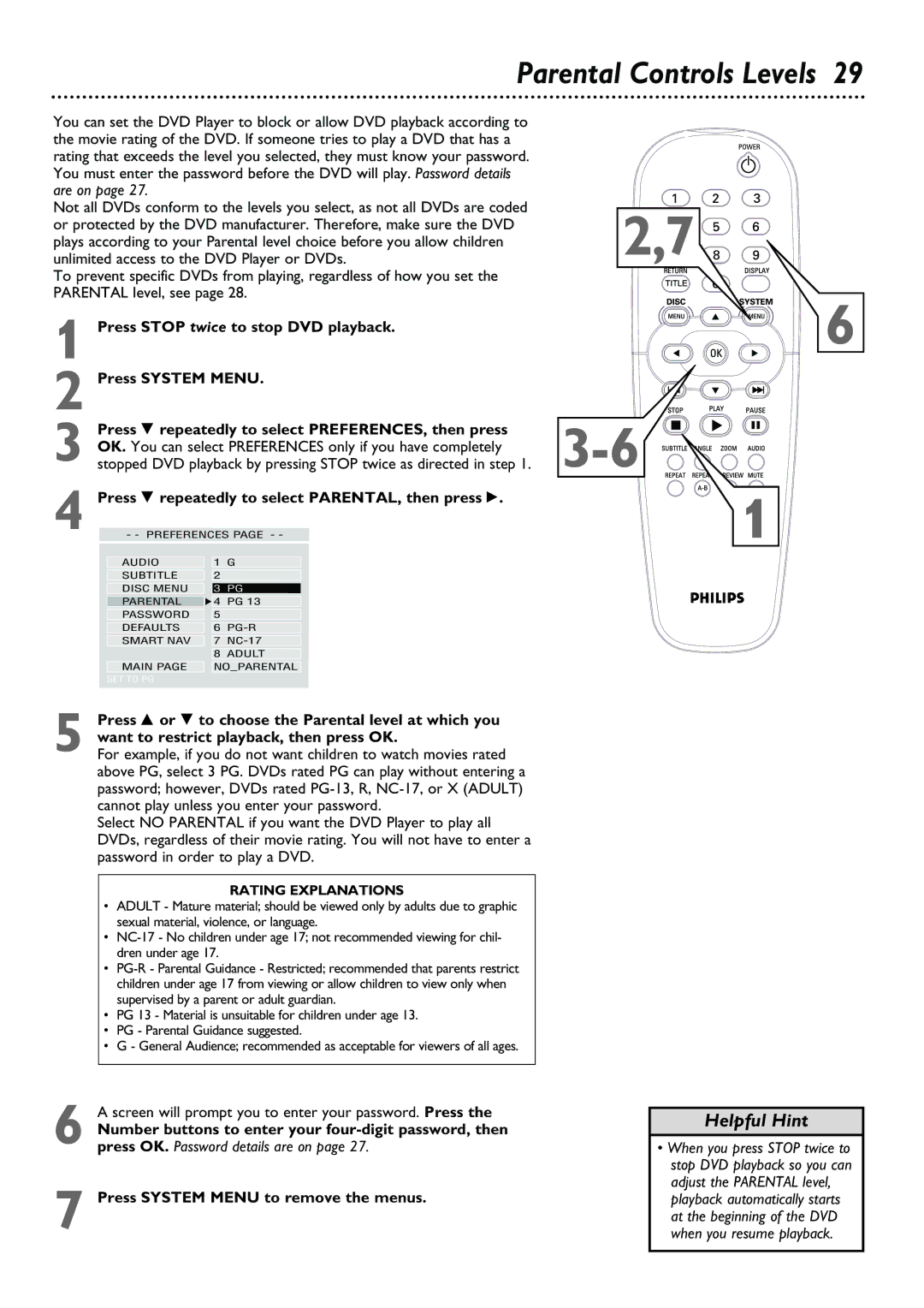 Philips DVD624, DVD623 owner manual Parental Controls Levels, Press 9 repeatedly to select PARENTAL, then press 