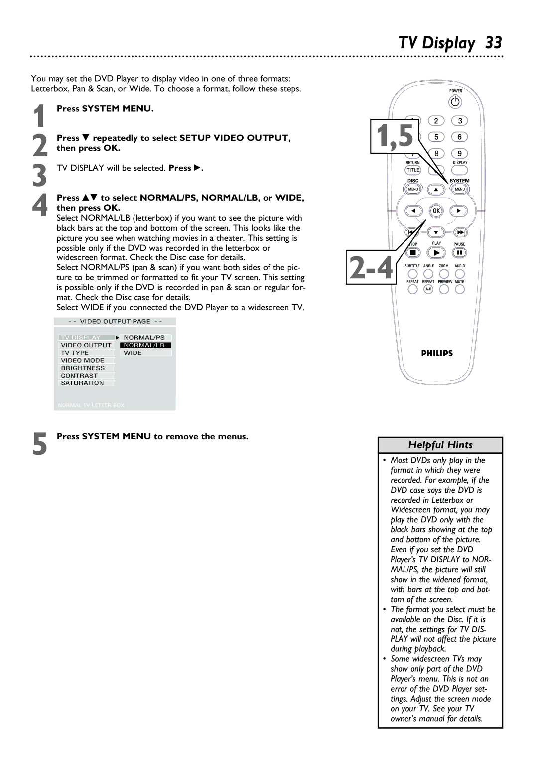 Philips DVD624, DVD623 owner manual TV Display 