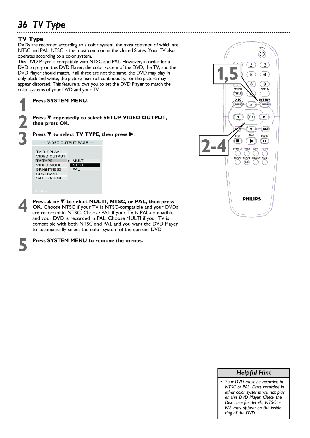 Philips DVD623, DVD624 owner manual TV Type 