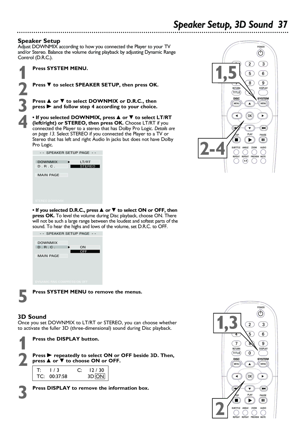 Philips DVD624, DVD623 owner manual Speaker Setup, 3D Sound, Press Display to remove the information box 