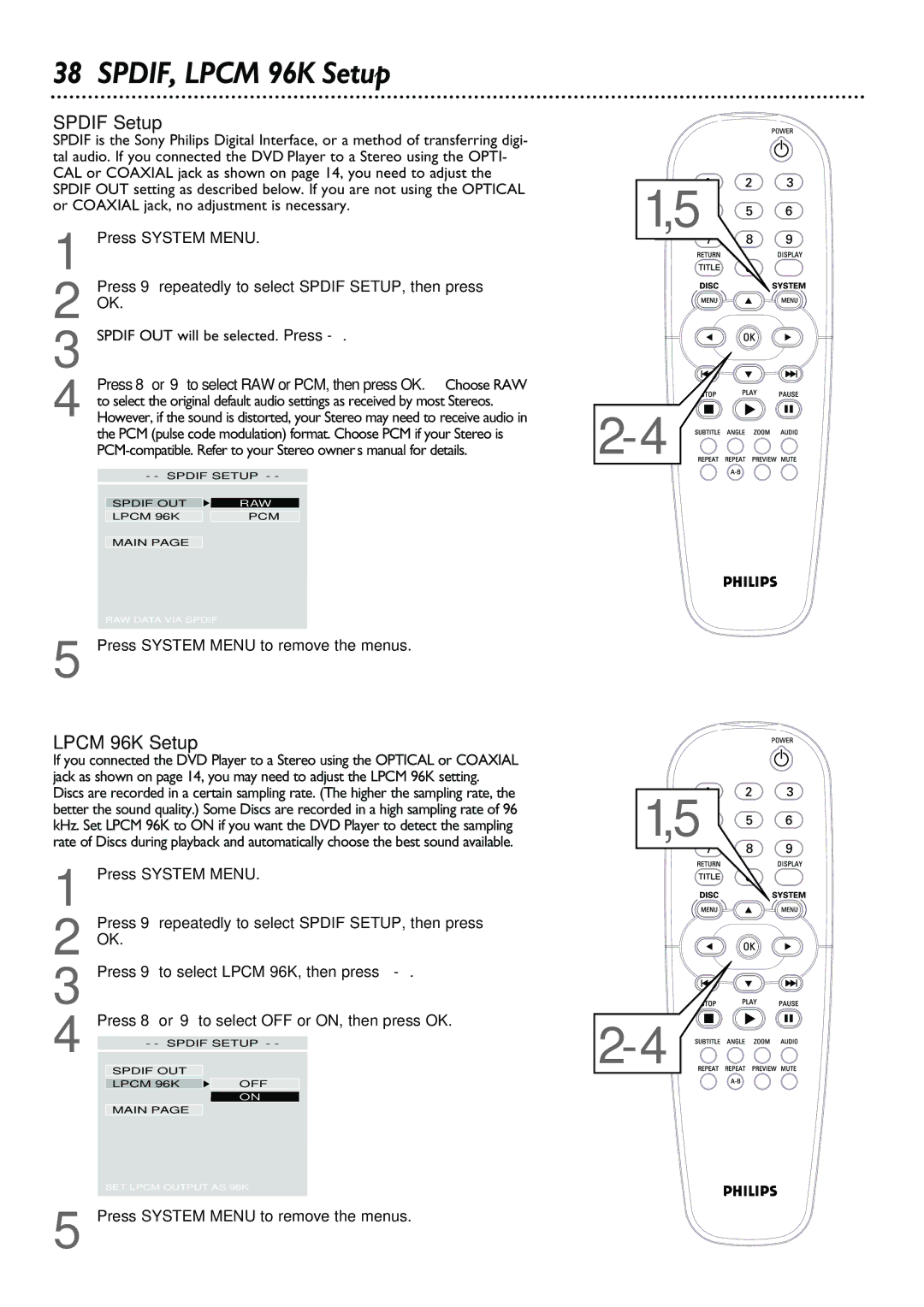 Philips DVD623, DVD624 owner manual SPDIF, Lpcm 96K Setup, Spdif Setup 
