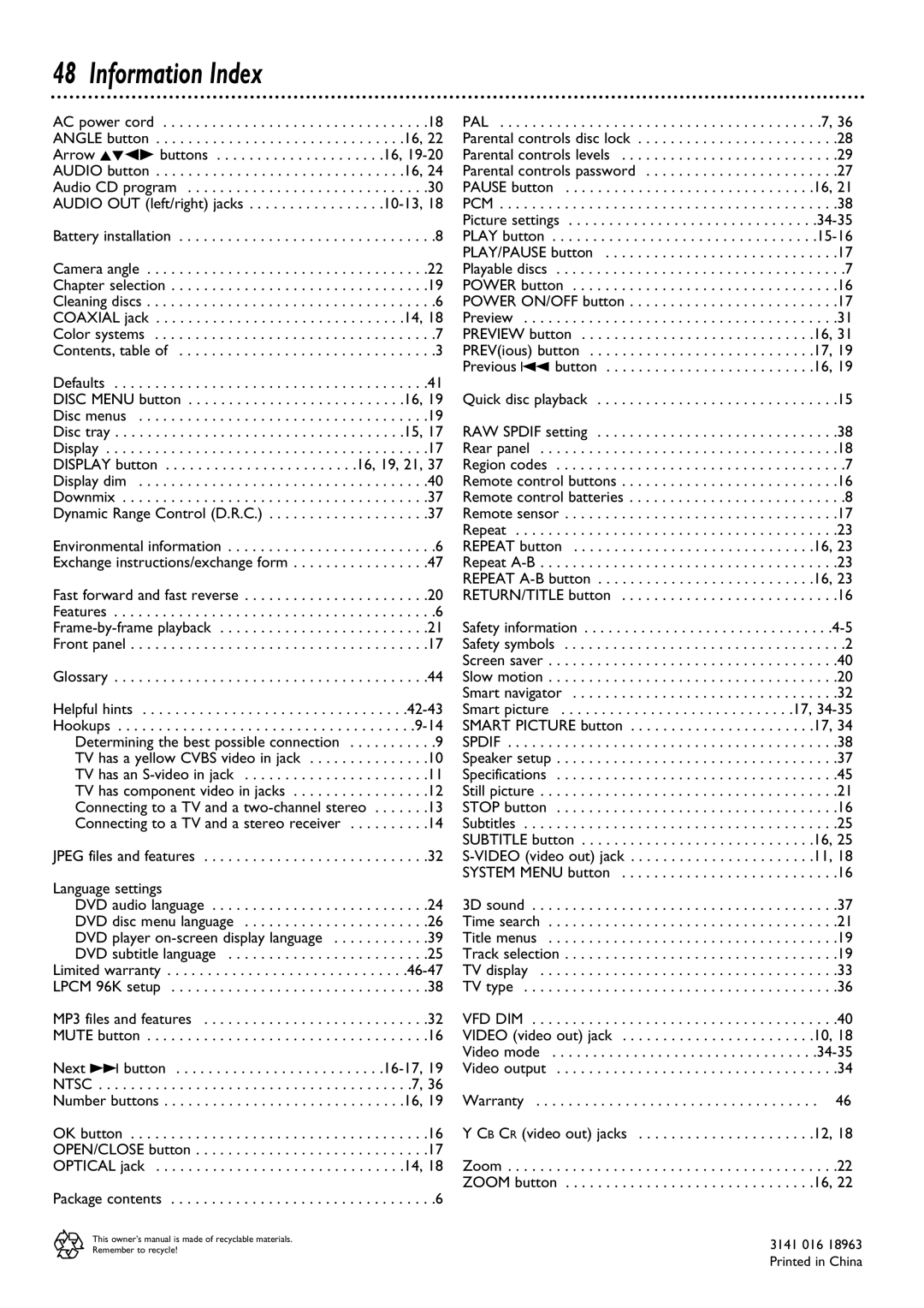 Philips DVD624, DVD623 owner manual Information Index, Determining the best possible connection 