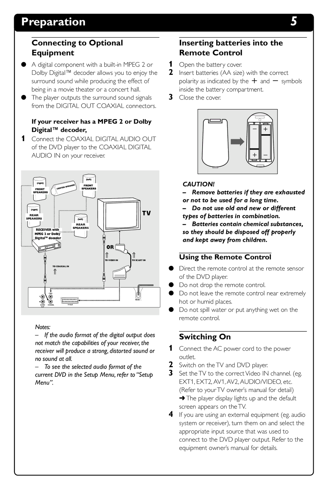 Philips DVD634 manual Connecting to Optional Equipment, Inserting batteries into the Remote Control, Switching On 