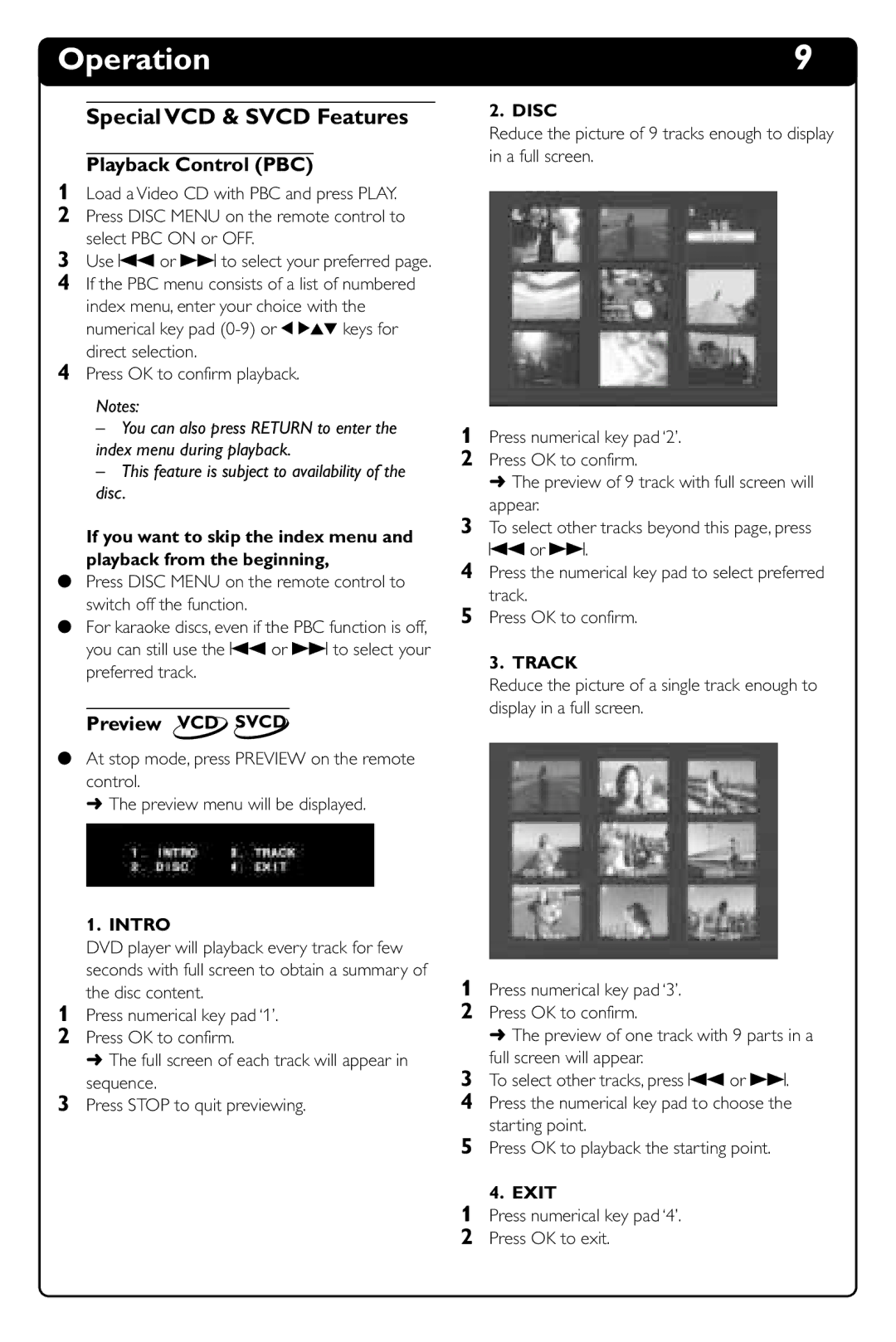 Philips DVD634 manual Special VCD & Svcd Features, Playback Control PBC, Preview VCD Svcd 