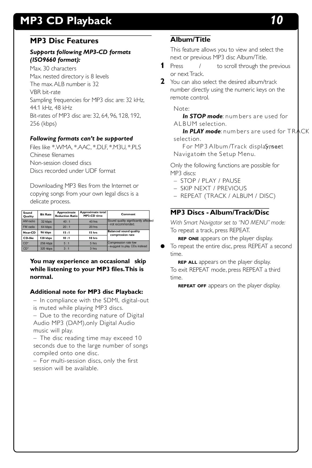 Philips DVD634 manual MP3 CD Playback, MP3 Disc Features, Album/Title, MP3 Discs Album/Track/Disc 