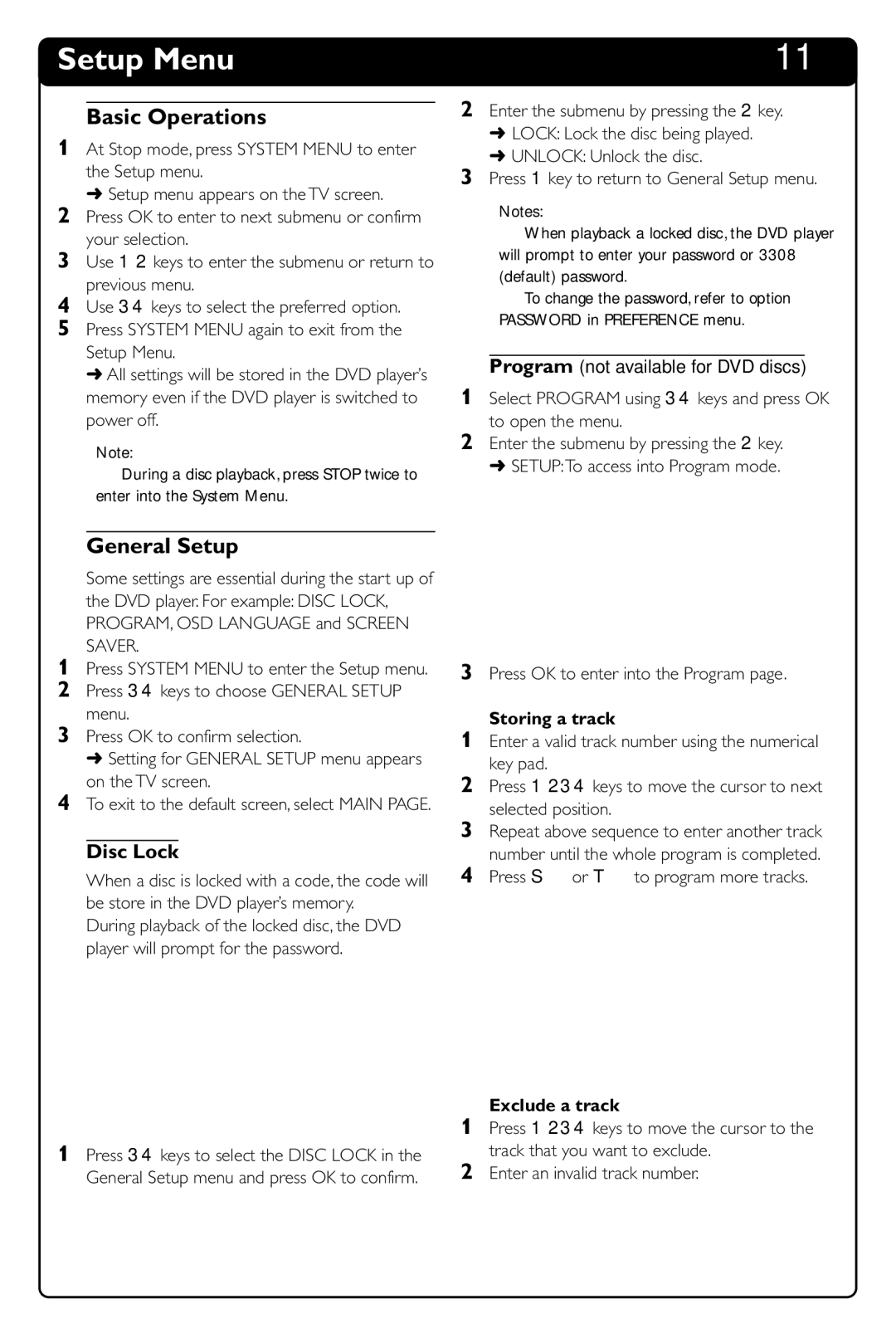 Philips DVD634 manual Setup Menu, Basic Operations, General Setup, Disc Lock 