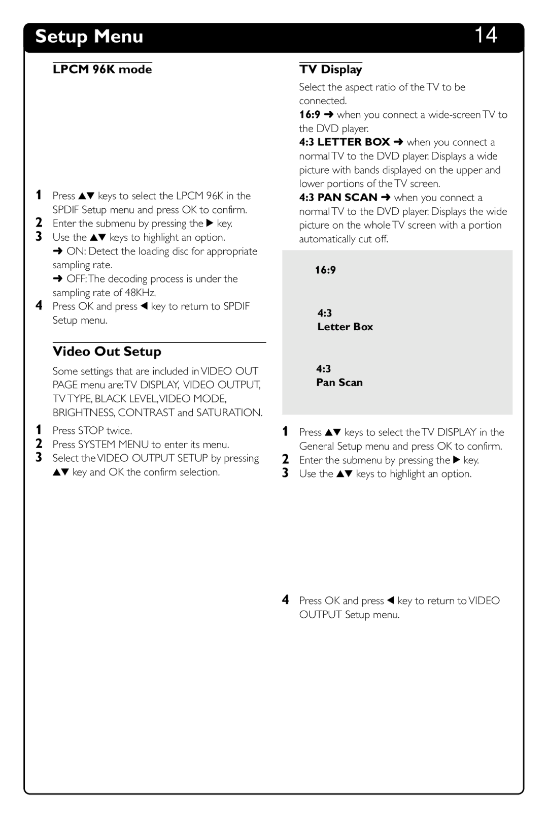 Philips DVD634 manual Video Out Setup, Lpcm 96K mode, TV Display, Letter Box Pan Scan 