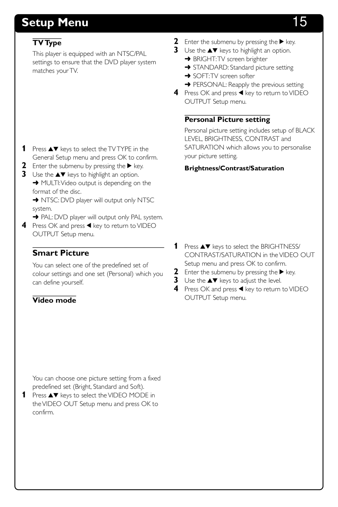 Philips DVD634 manual Smart Picture, TV Type, Video mode, Personal Picture setting, Brightness/Contrast/Saturation 