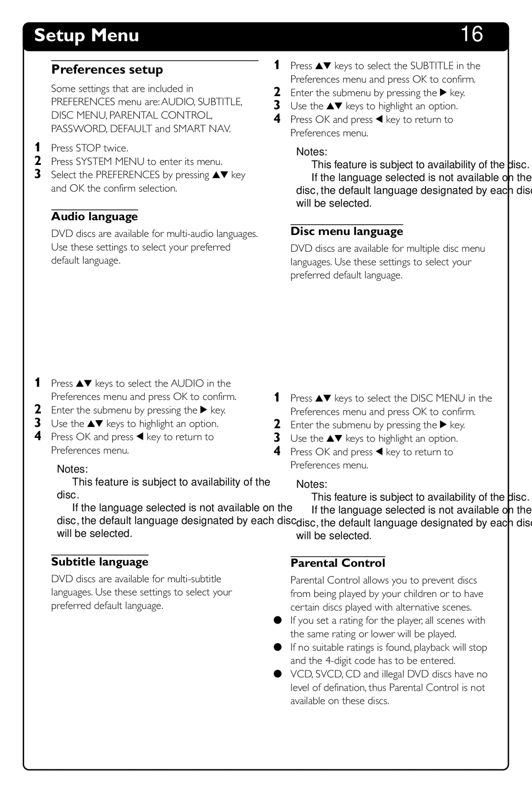 Philips DVD634 manual Preferences setup, Audio language, Disc menu language, Subtitle language, Parental Control 