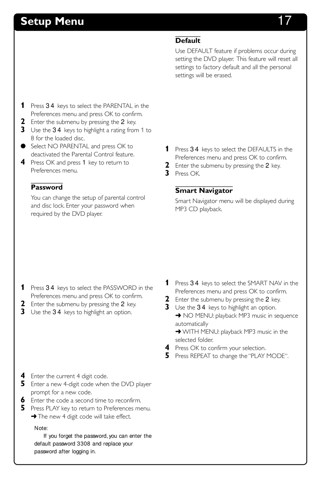 Philips DVD634 manual Default, Password, Smart Navigator 
