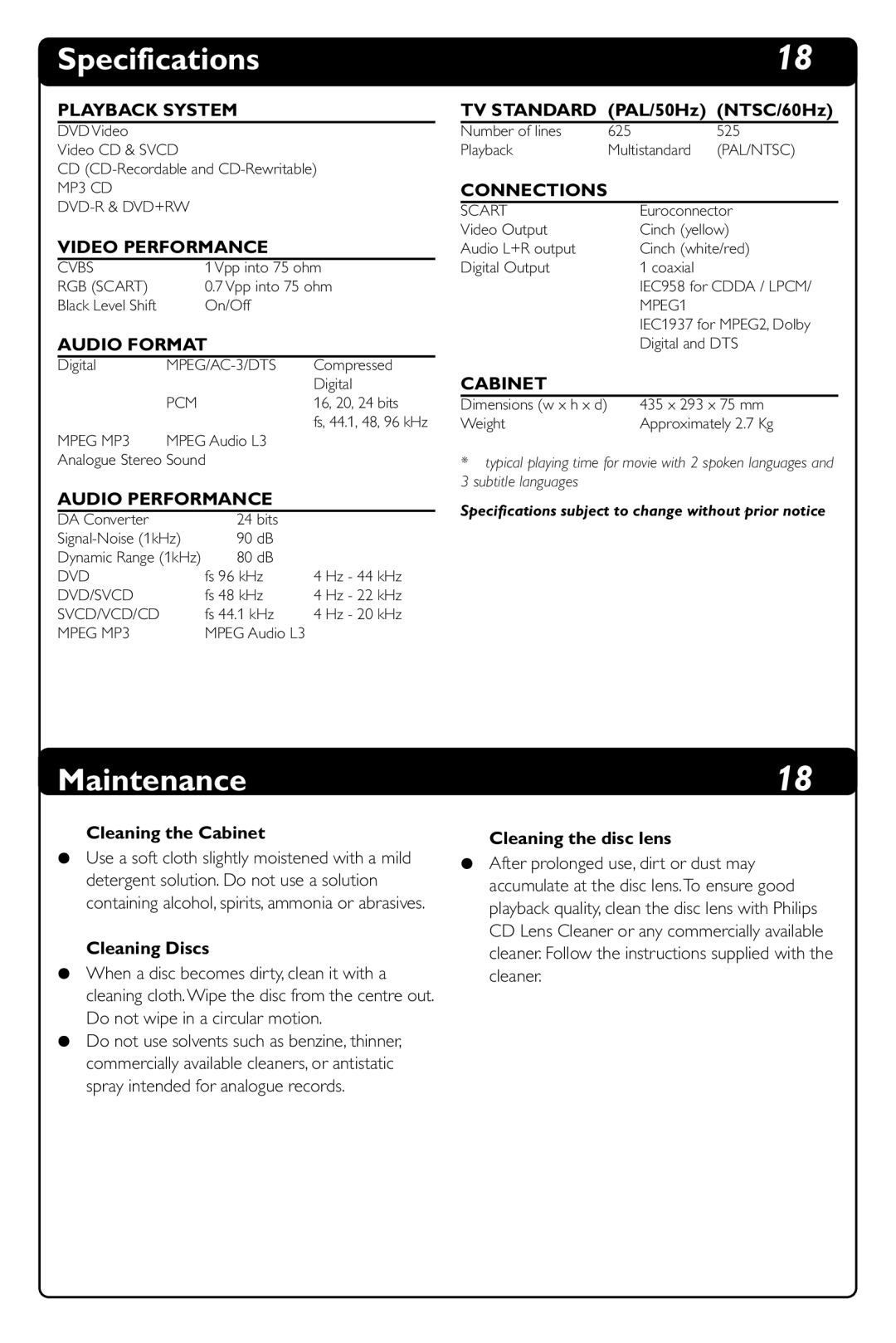 Philips DVD634 manual Specifications, Maintenance 