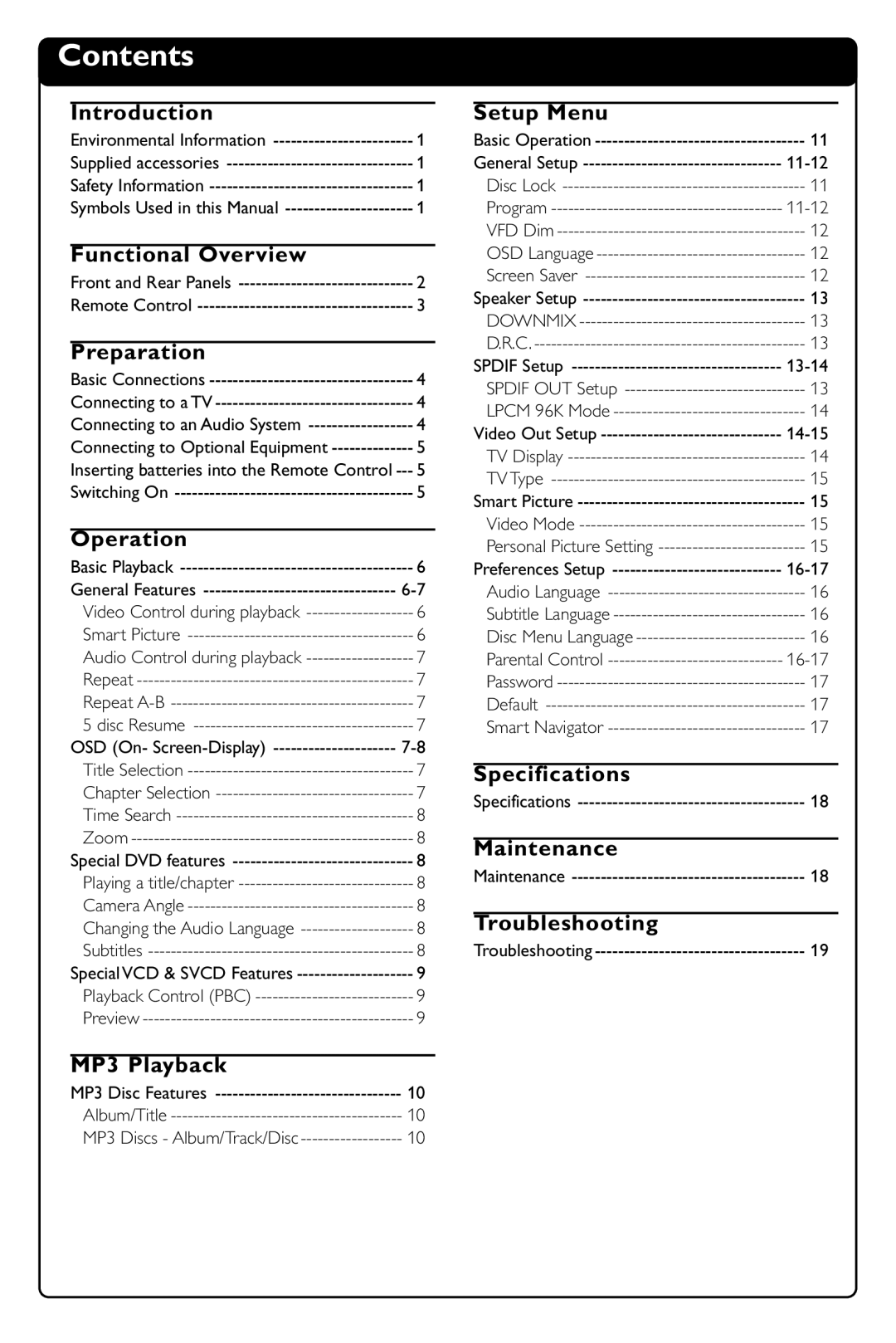 Philips DVD634 manual Contents 