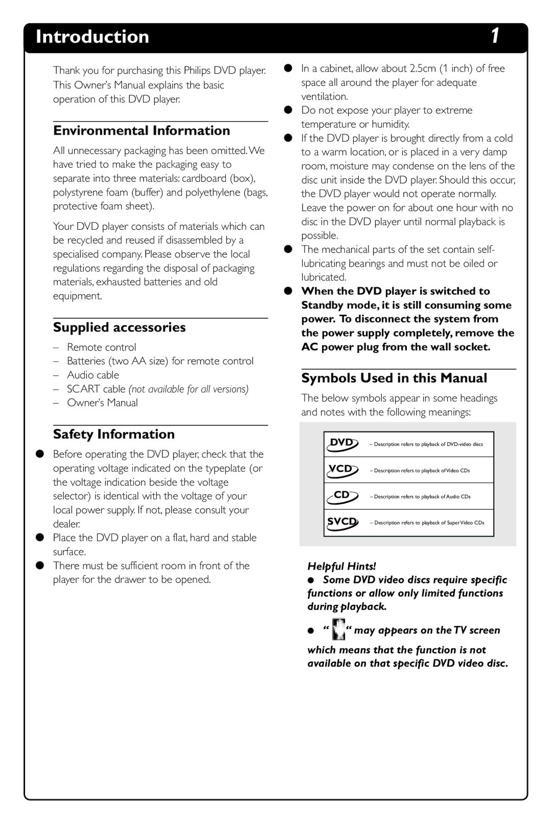 Philips DVD634 manual Introduction, Environmental Information, Supplied accessories, Safety Information 